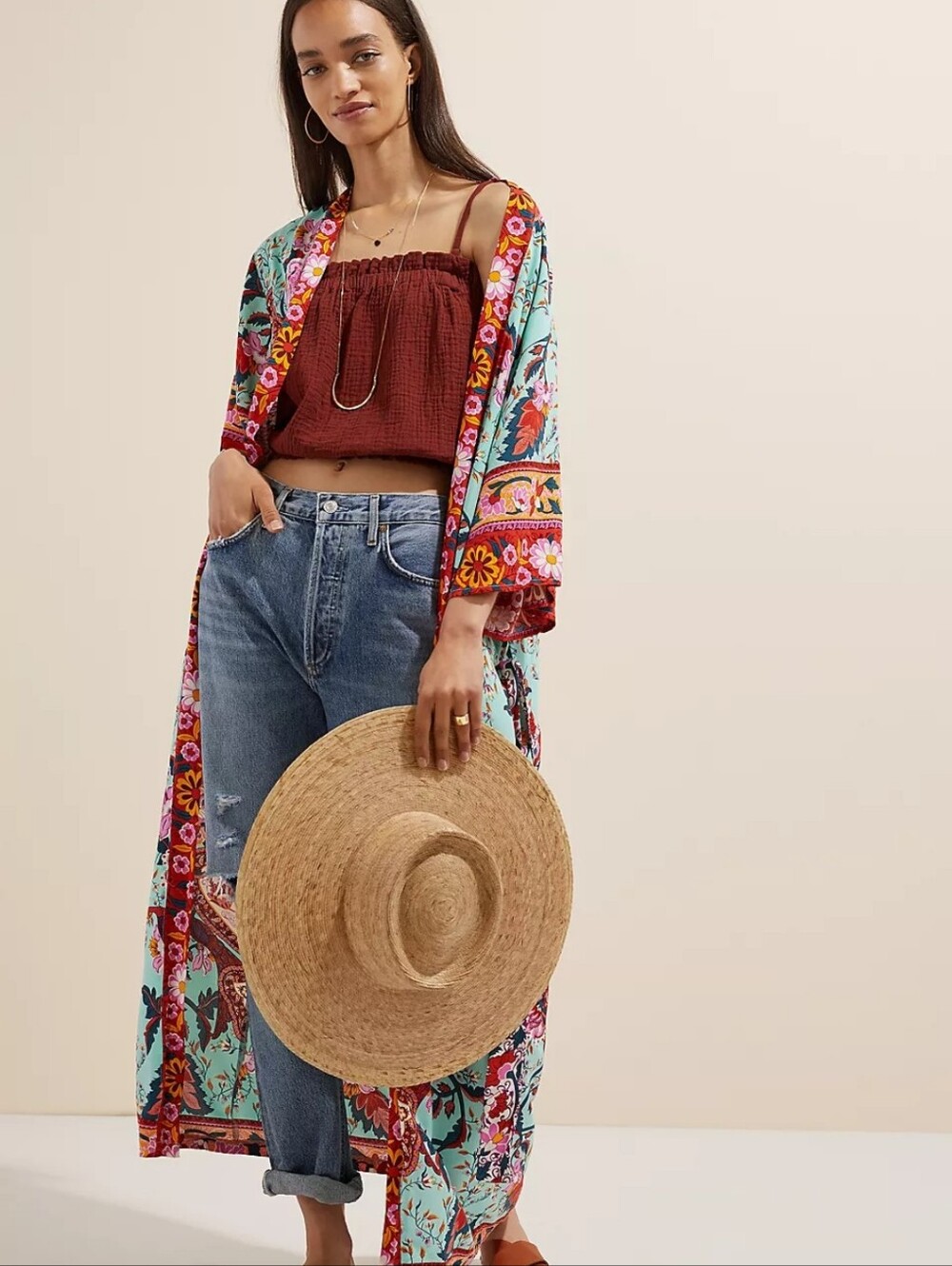 Anthropologie Radiant Floral Kimono Green Red Wrap With Sash OS One Size